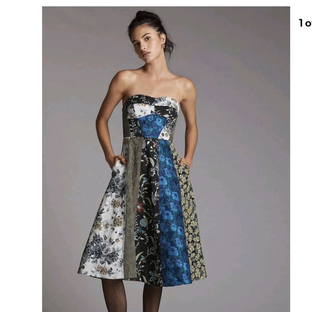 Anthropologie Floral Patchwork Sweetheart Midi Dress - Size 4P